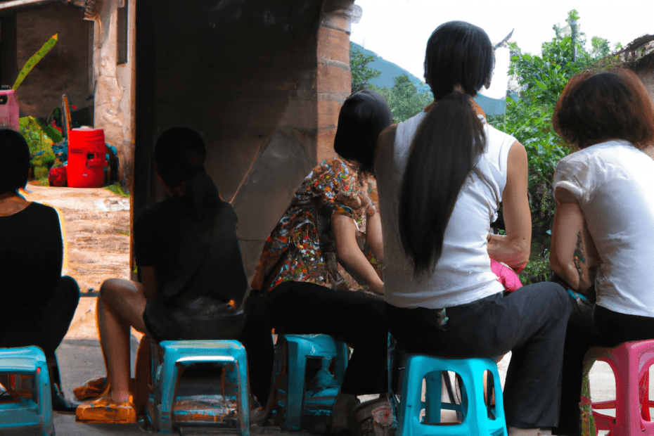 A group of young women discussing on a porch in Southwestern China.