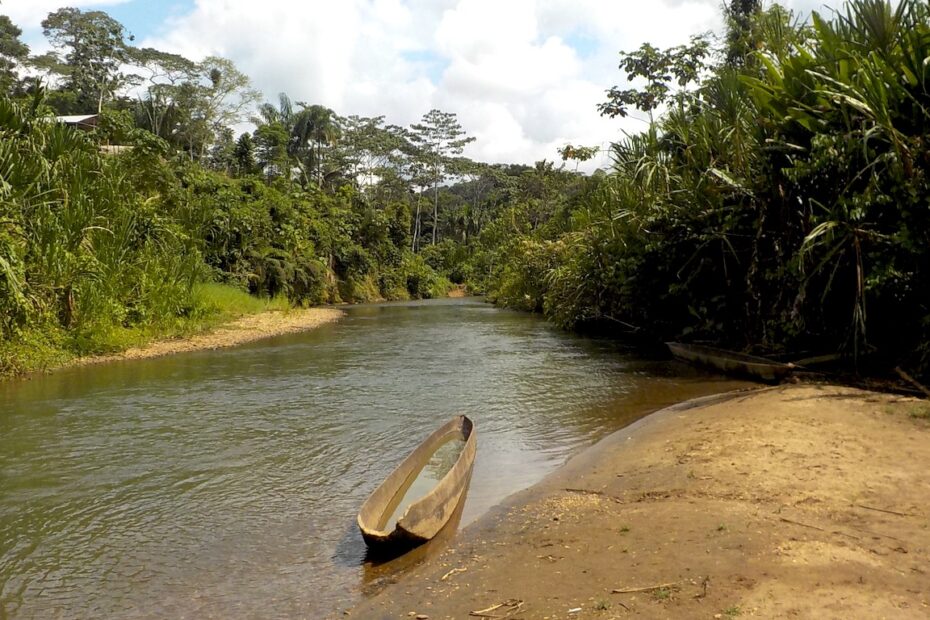 Osin vedellä täyttynyt kanootti Amazon-joen varrella.