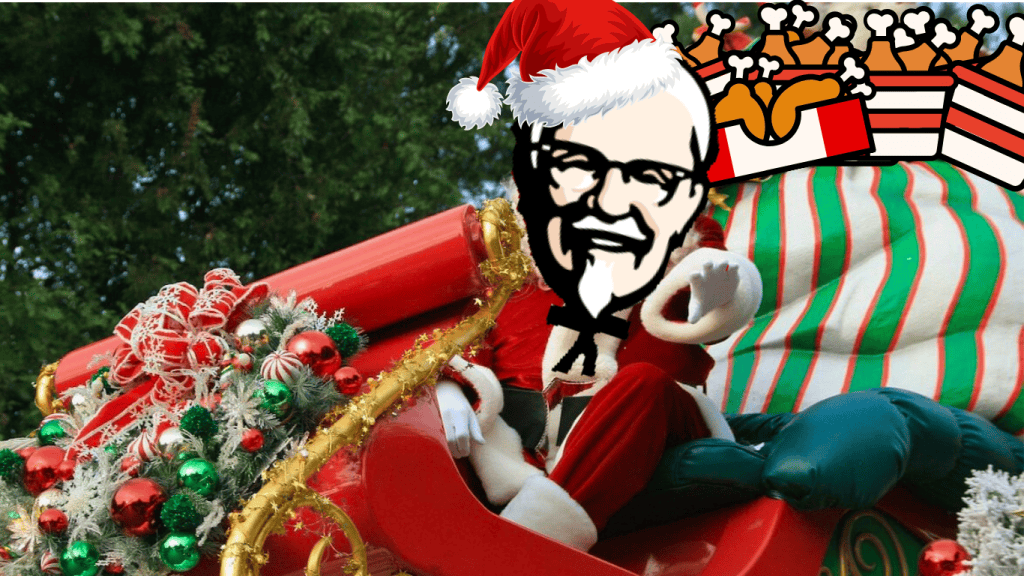 KFC:n maskotti eversti Sanders ajaa joulupukin rekeä lahjoinaan kanaämpäreitä.