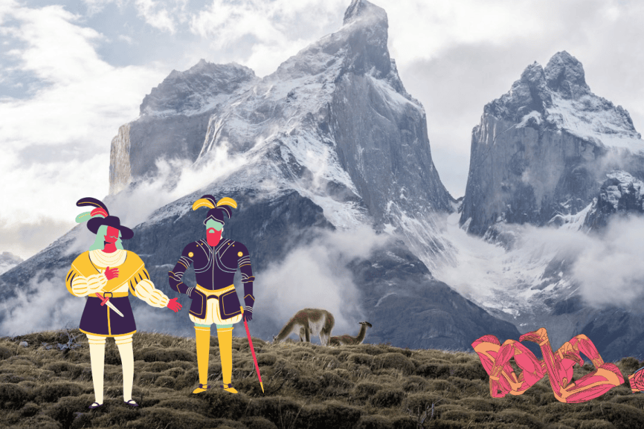 Konkistadorit ruumiskasan kanssa, jolta pishtaco on poistanut rasvan ruumiista. Taustalla Andien vuoristo.